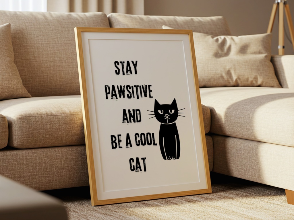 Stay Pawsitive 猫アート|Cat Quote Wall Art Printable|Minimalist Black Cat Poster デジタルダウンロード