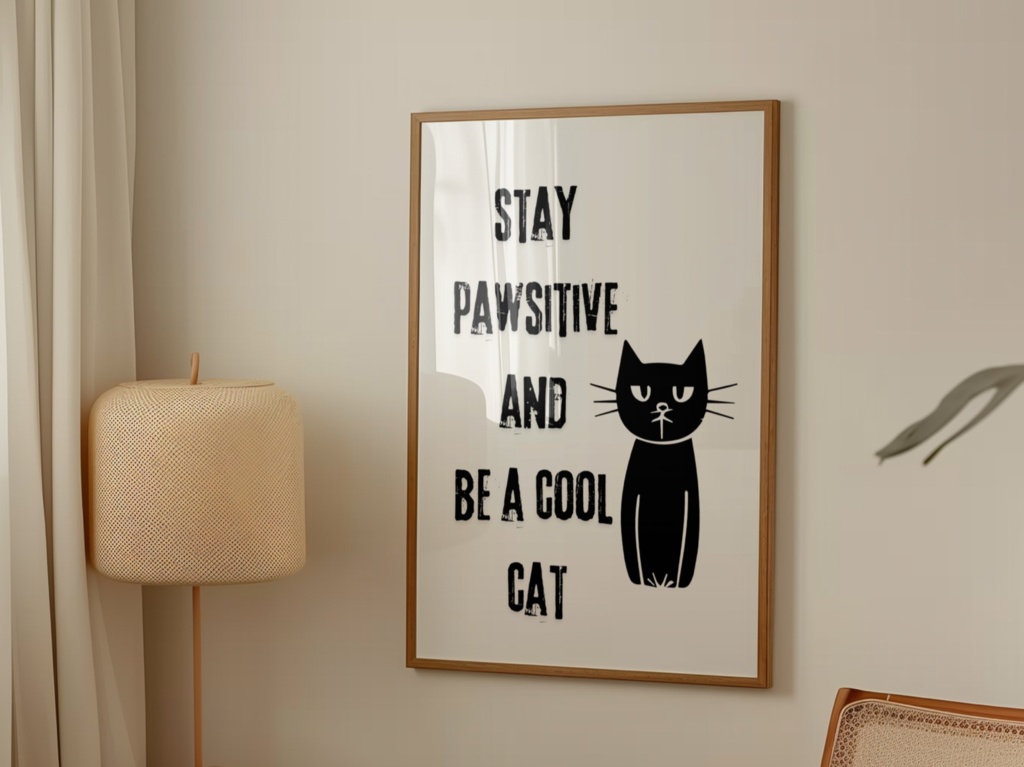 Stay Pawsitive 猫アート|Cat Quote Wall Art Printable|Minimalist Black Cat Poster デジタルダウンロード