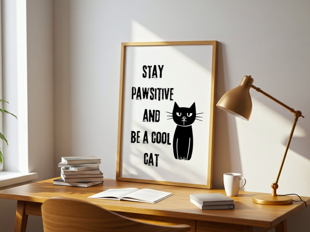 Stay Pawsitive 猫アート|Cat Quote Wall Art Printable|Minimalist Black Cat Poster デジタルダウンロード