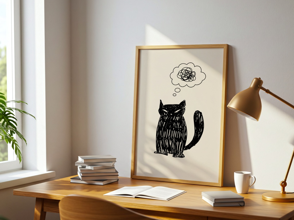 黒猫 ミニマル 猫イラスト|Black Cat Minimal Illustration|Japanese Zen Wall Art