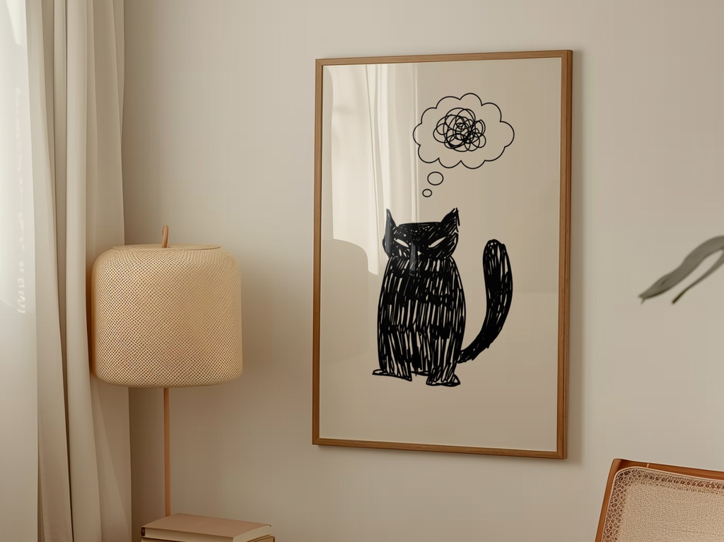 黒猫 ミニマル 猫イラスト｜Black Cat Minimal Illustration｜Japanese Zen Wall Art