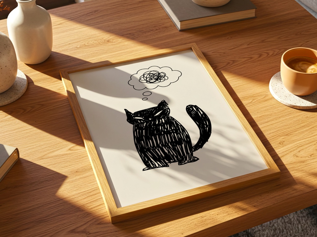 黒猫 ミニマル 猫イラスト|Black Cat Minimal Illustration|Japanese Zen Wall Art