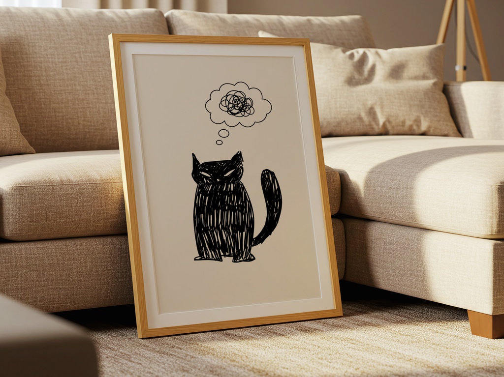 黒猫 ミニマル 猫イラスト|Black Cat Minimal Illustration|Japanese Zen Wall Art