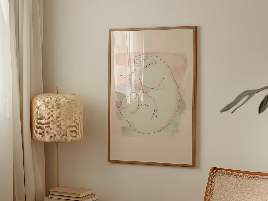 眠る猫 パステル 猫イラスト｜Sleeping Cat Pastel Illustration｜Cute Minimal Cat Wall Art