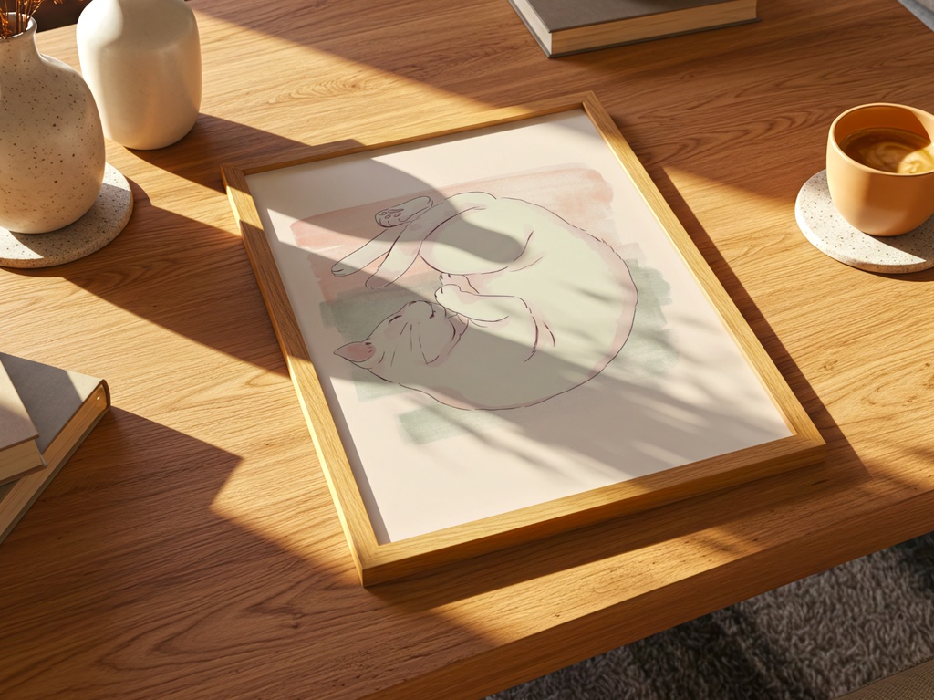 眠る猫 パステル 猫イラスト|Sleeping Cat Pastel Illustration|Cute Minimal Cat Wall Art