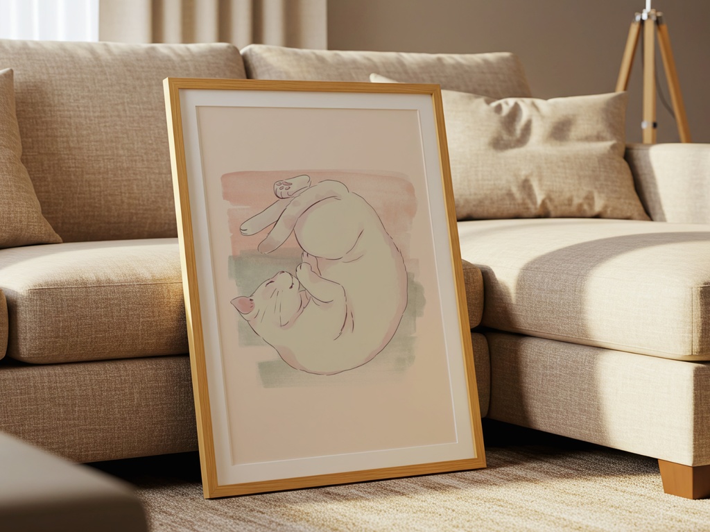 眠る猫 パステル 猫イラスト|Sleeping Cat Pastel Illustration|Cute Minimal Cat Wall Art