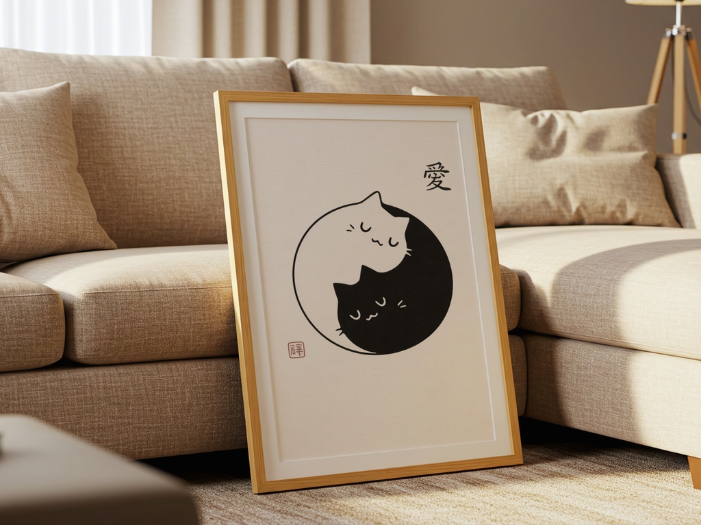 愛 Yin Yang 猫 イラスト|Yin Yang Cat Minimal Art|Zen Japanese Cat Wall Art