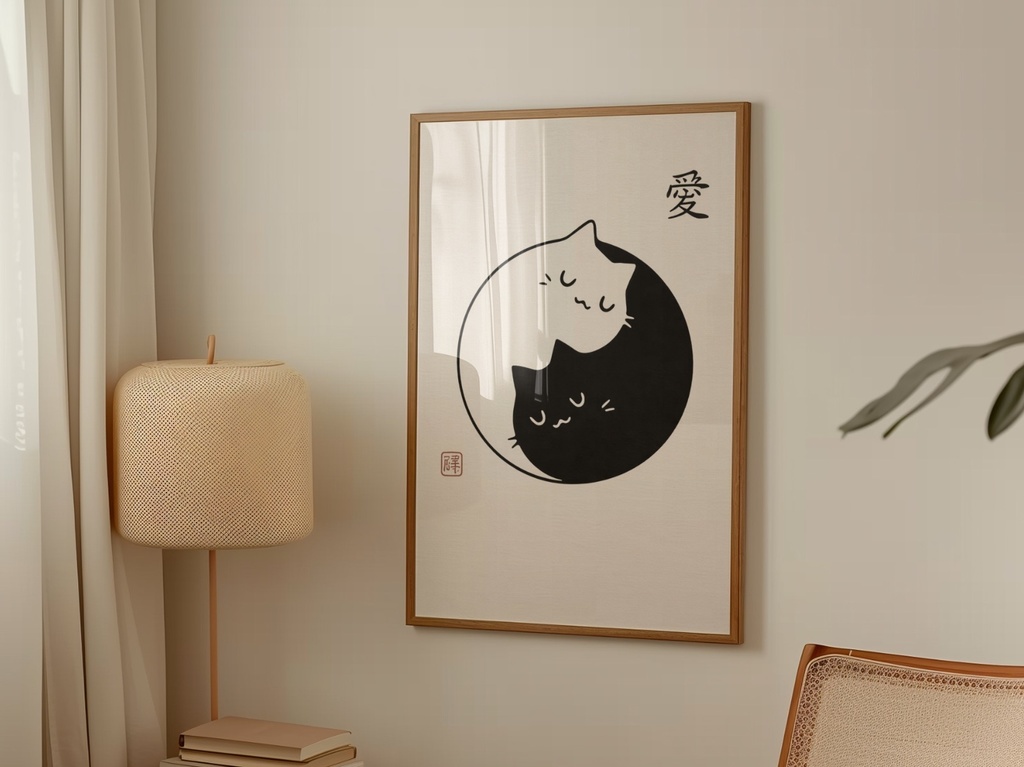 愛 Yin Yang 猫 イラスト｜Yin Yang Cat Minimal Art｜Zen Japanese Cat Wall Art