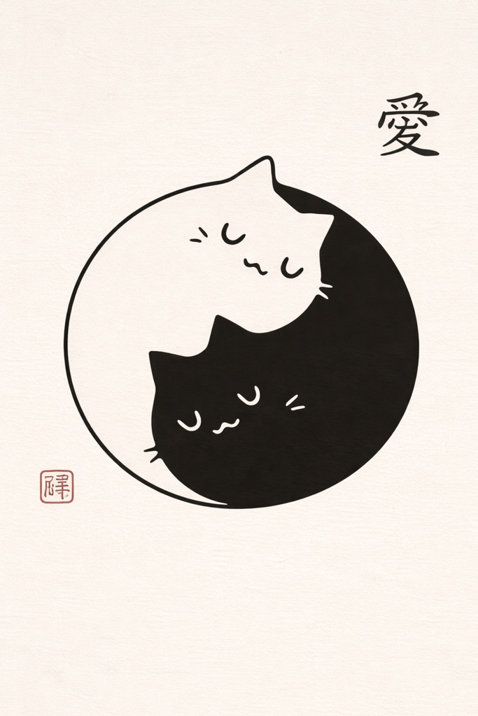 愛 Yin Yang 猫 イラスト|Yin Yang Cat Minimal Art|Zen Japanese Cat Wall Art