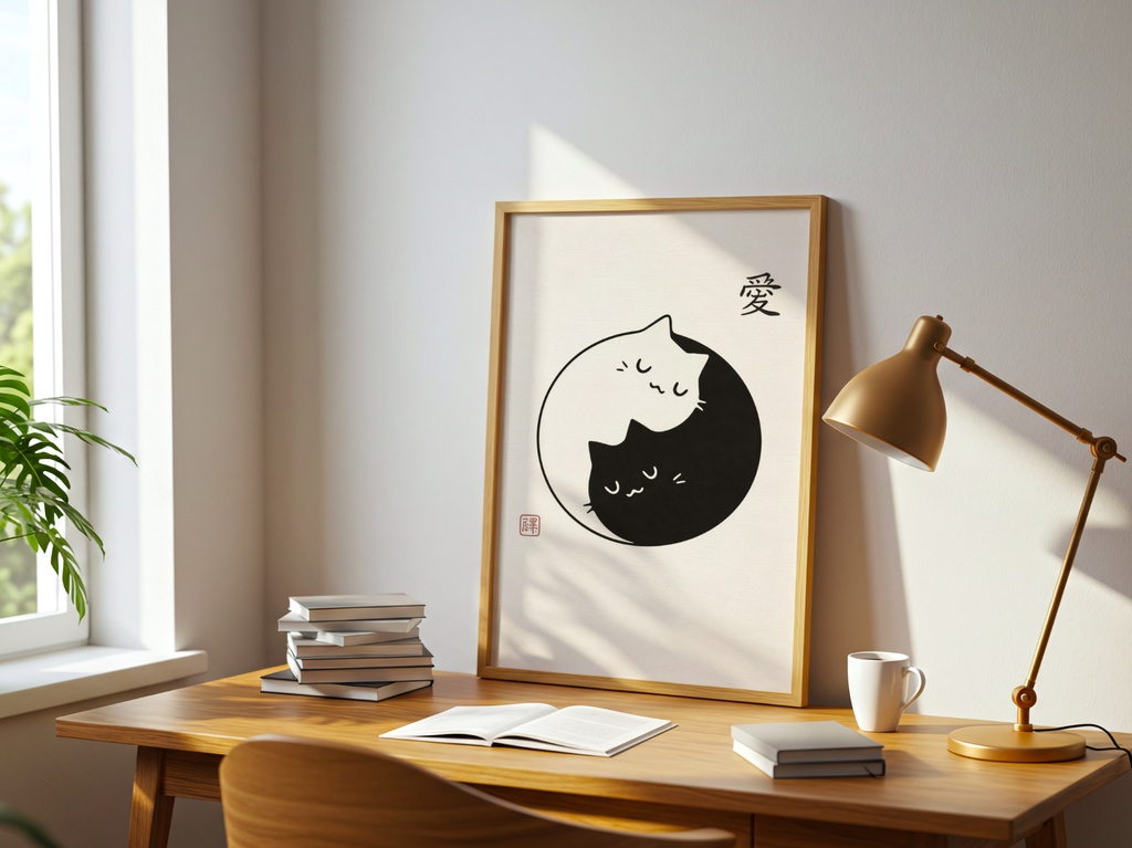 愛 Yin Yang 猫 イラスト|Yin Yang Cat Minimal Art|Zen Japanese Cat Wall Art