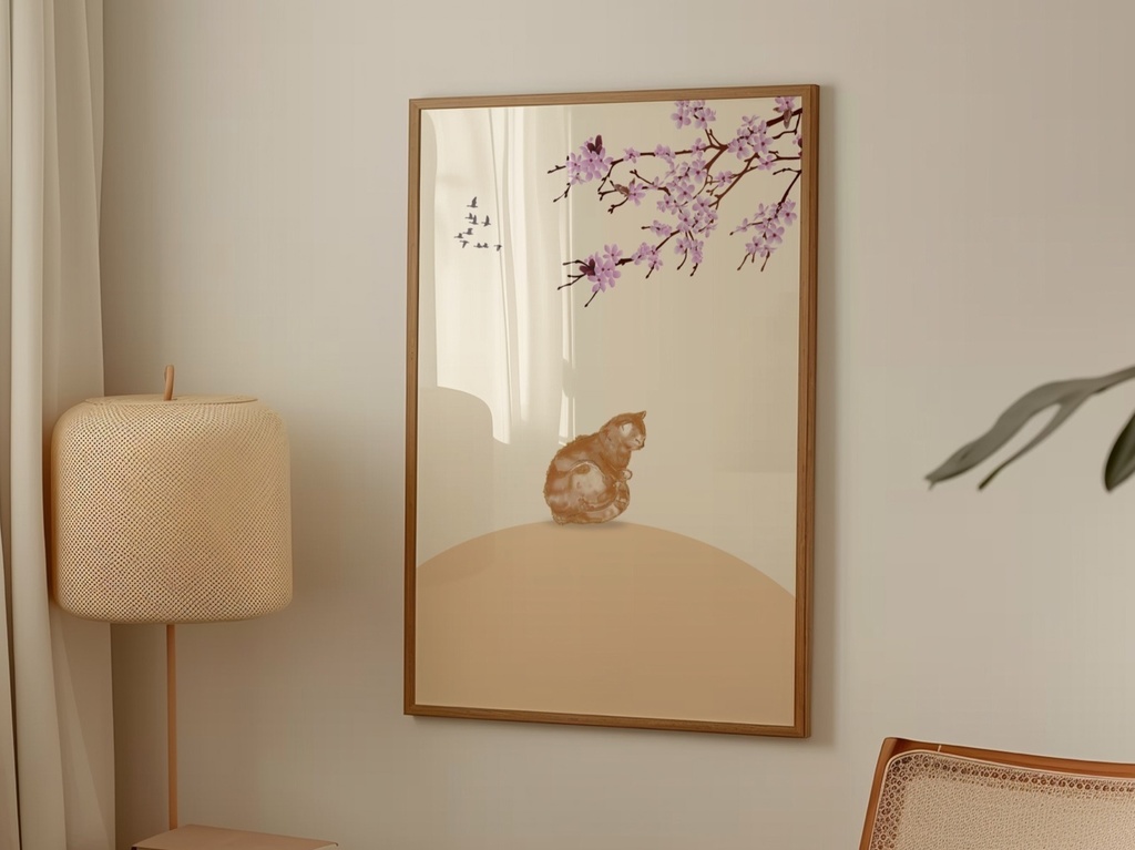 春ねこ Sakura Cat – Minimal Japanese Aesthetic Wall Art | 癒しの和風イラスト