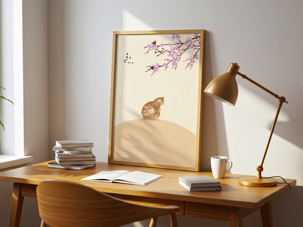 春ねこ Sakura Cat – Minimal Japanese Aesthetic Wall Art | 癒しの和風イラスト