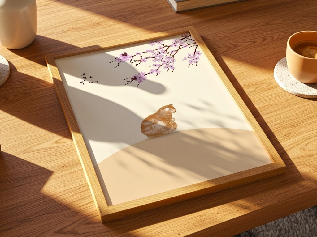 春ねこ Sakura Cat – Minimal Japanese Aesthetic Wall Art | 癒しの和風イラスト