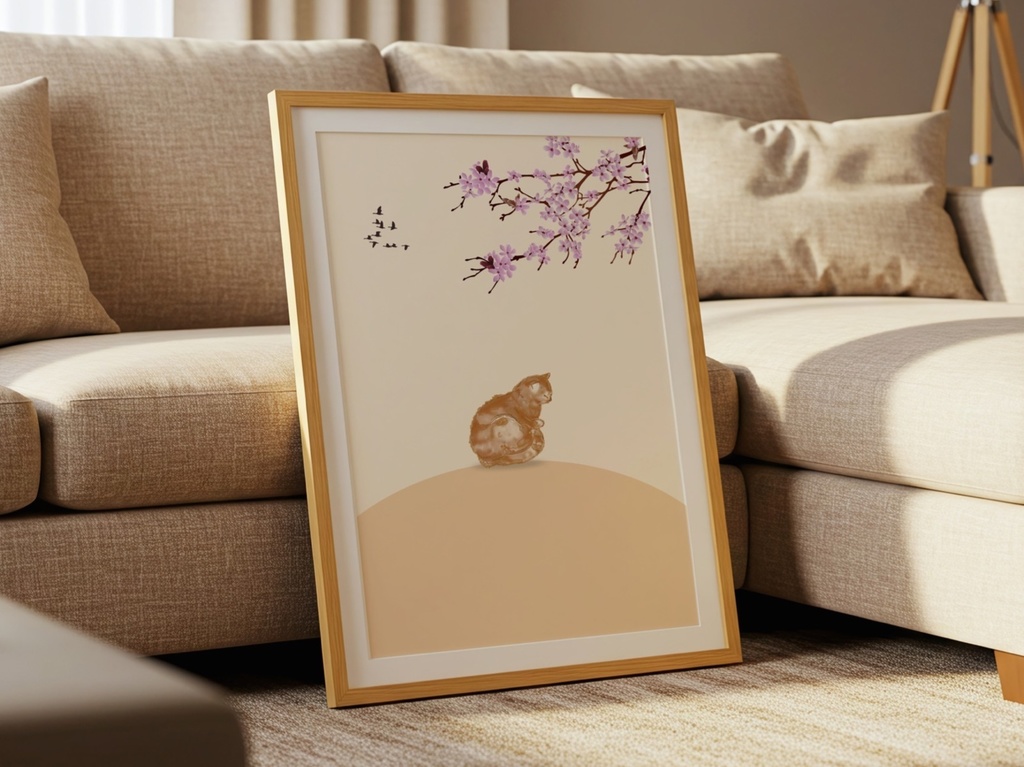 春ねこ Sakura Cat – Minimal Japanese Aesthetic Wall Art | 癒しの和風イラスト