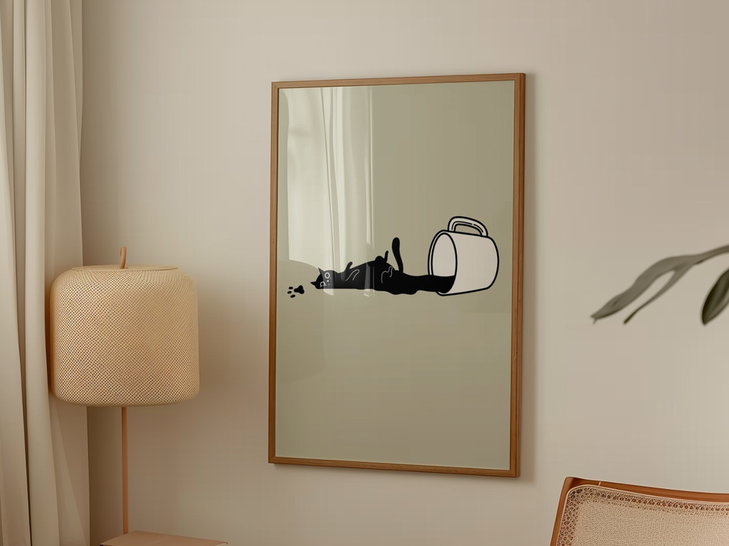 ゆるねこミニマル | Lazy Cat Minimal Illustration Wall Art – Modern Japanese Printable Art