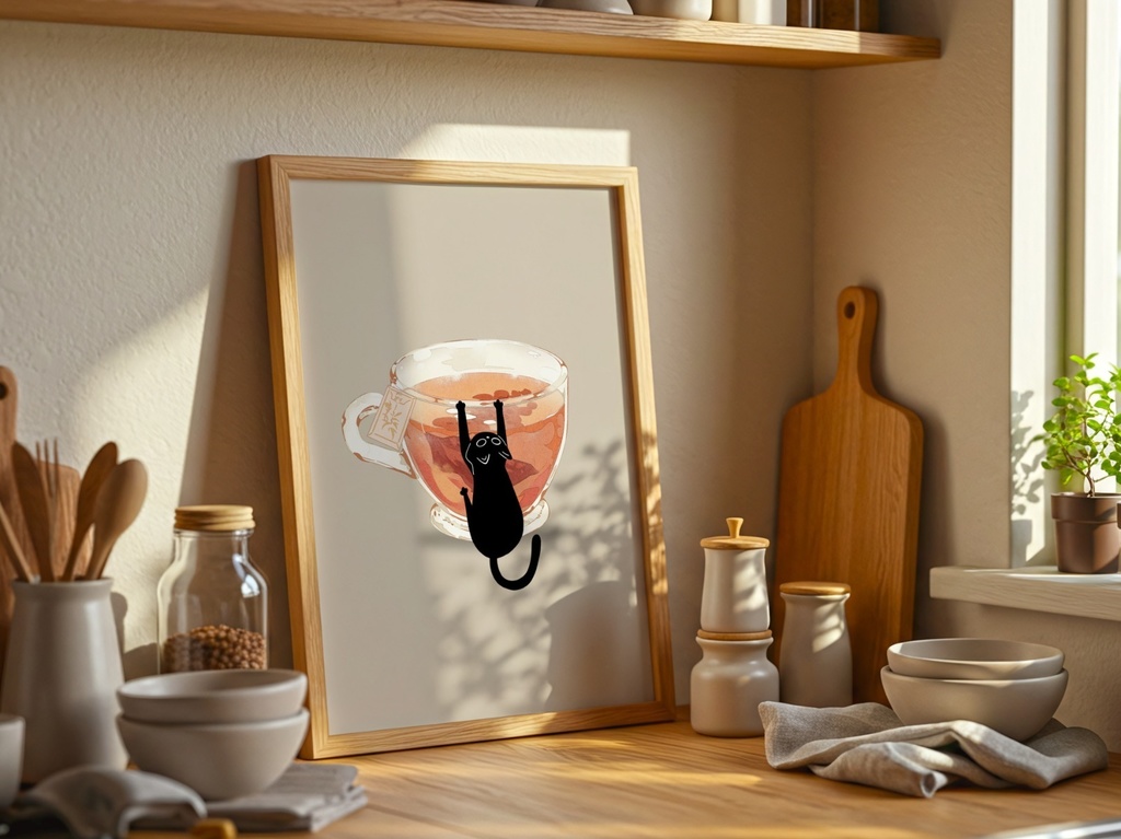 黒猫とティーカップ | Black Cat Tea Cup Minimal Wall Art – Cozy Japandi Illustration