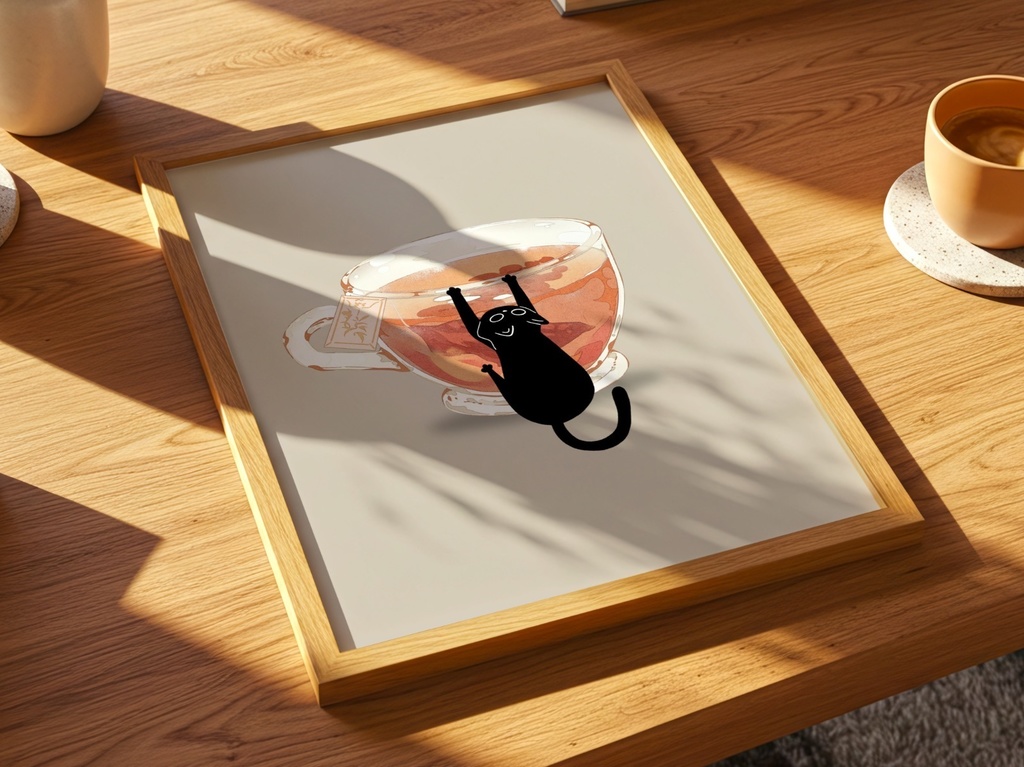 黒猫とティーカップ | Black Cat Tea Cup Minimal Wall Art – Cozy Japandi Illustration