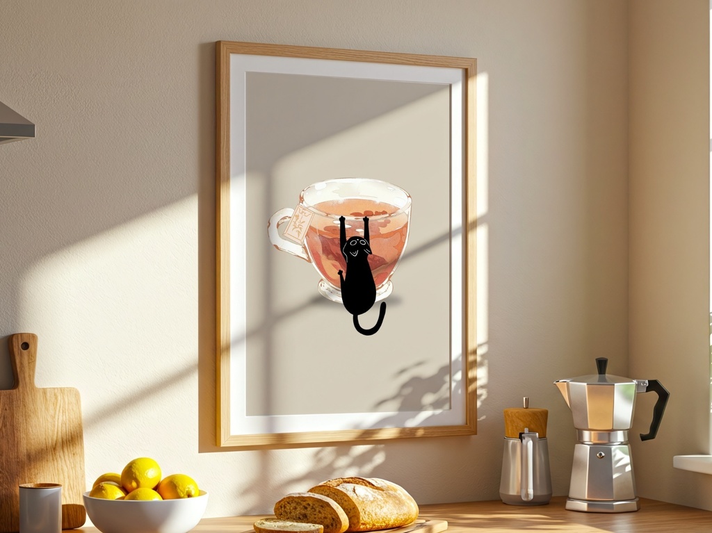 黒猫とティーカップ | Black Cat Tea Cup Minimal Wall Art – Cozy Japandi Illustration