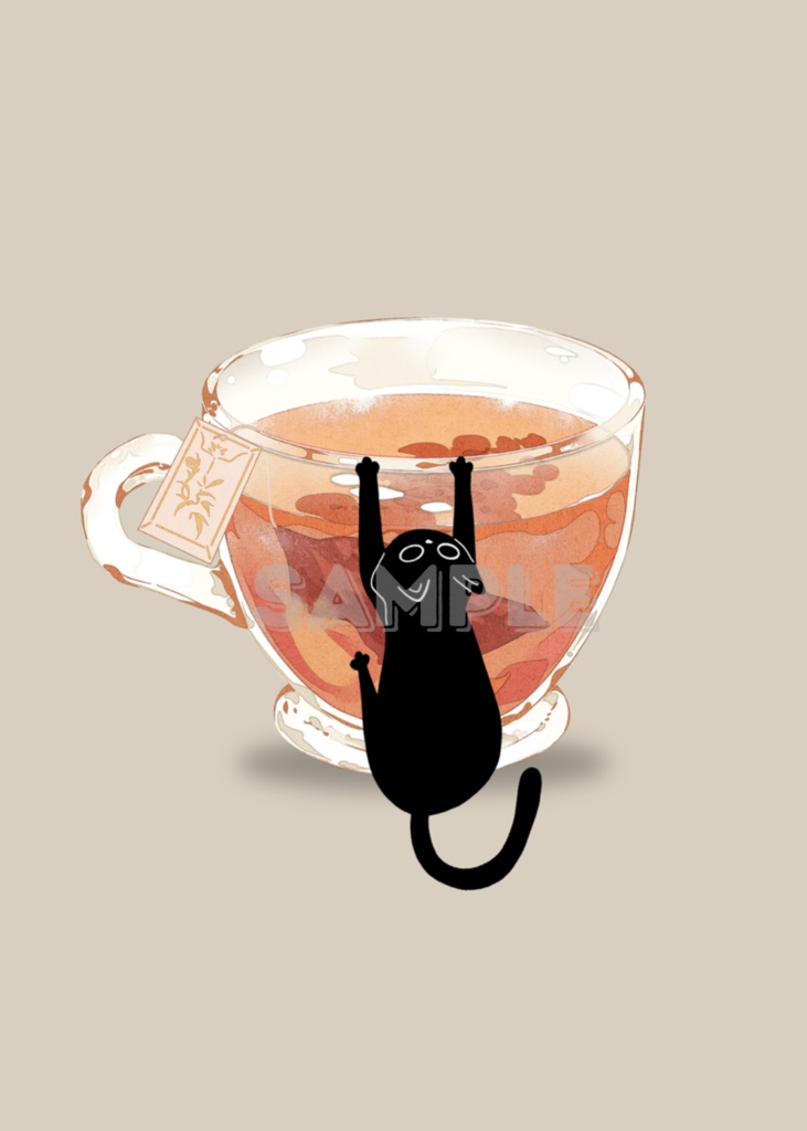 黒猫とティーカップ | Black Cat Tea Cup Minimal Wall Art – Cozy Japandi Illustration