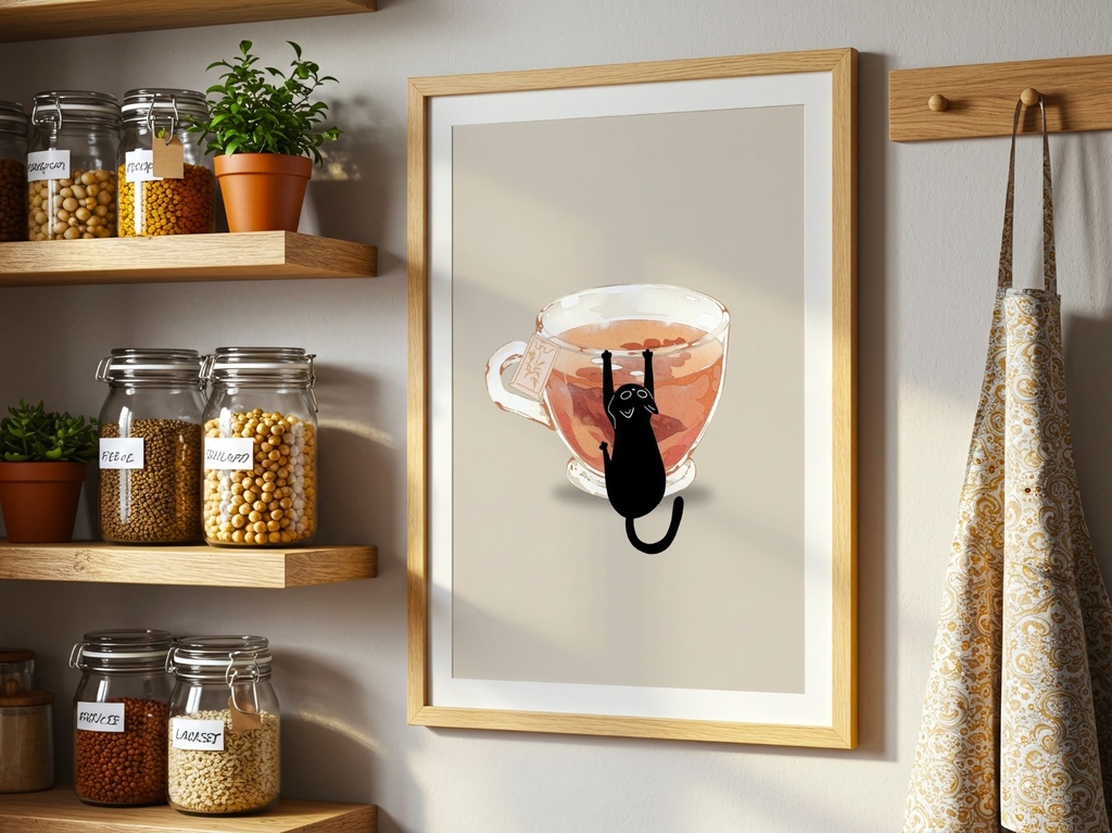 黒猫とティーカップ | Black Cat Tea Cup Minimal Wall Art – Cozy Japandi Illustration