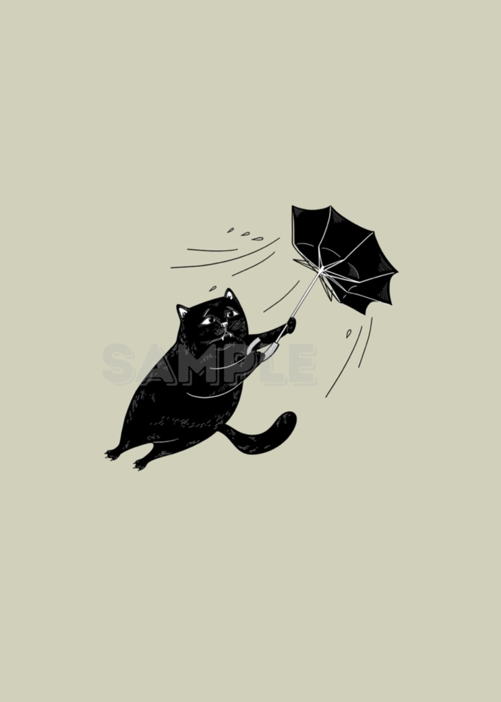風に舞う黒猫 – Black Cat with Umbrella | Minimalist Japanese Wall Art Printable