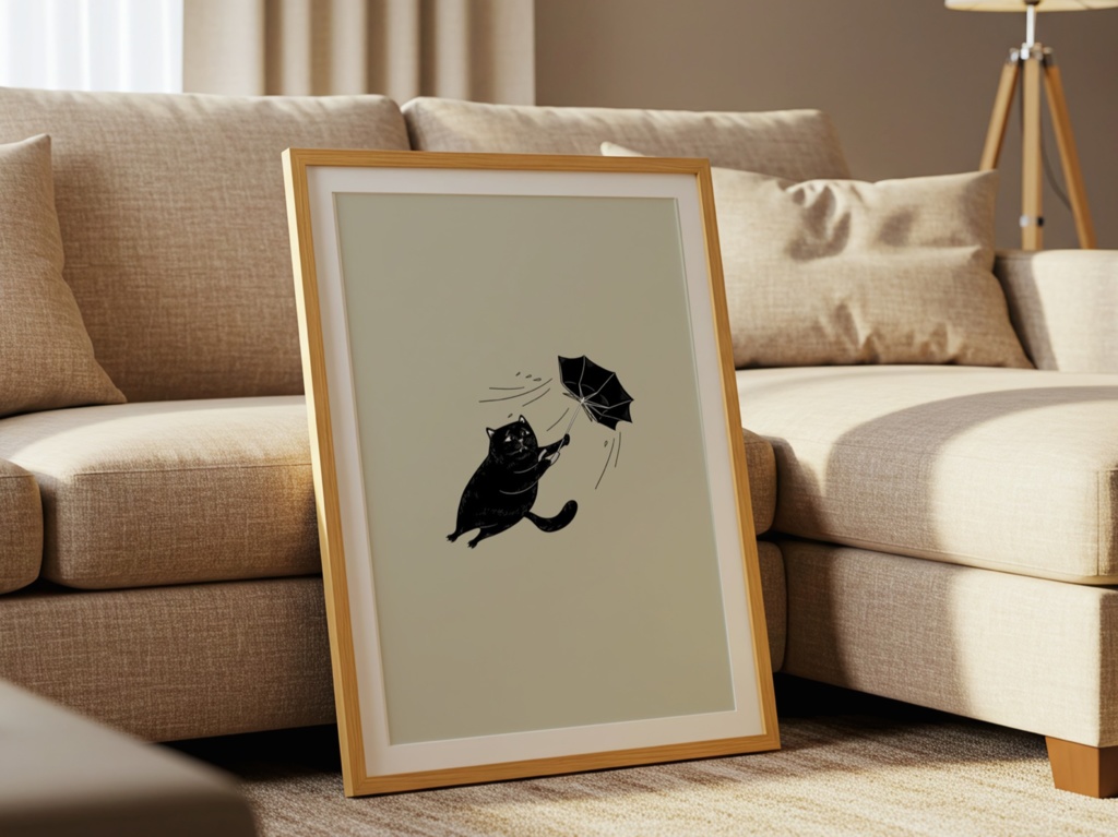 風に舞う黒猫 – Black Cat with Umbrella | Minimalist Japanese Wall Art Printable