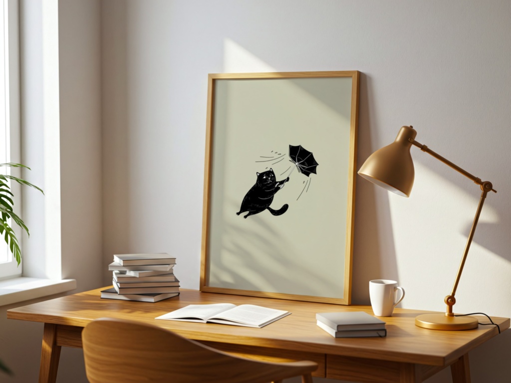 風に舞う黒猫 – Black Cat with Umbrella | Minimalist Japanese Wall Art Printable