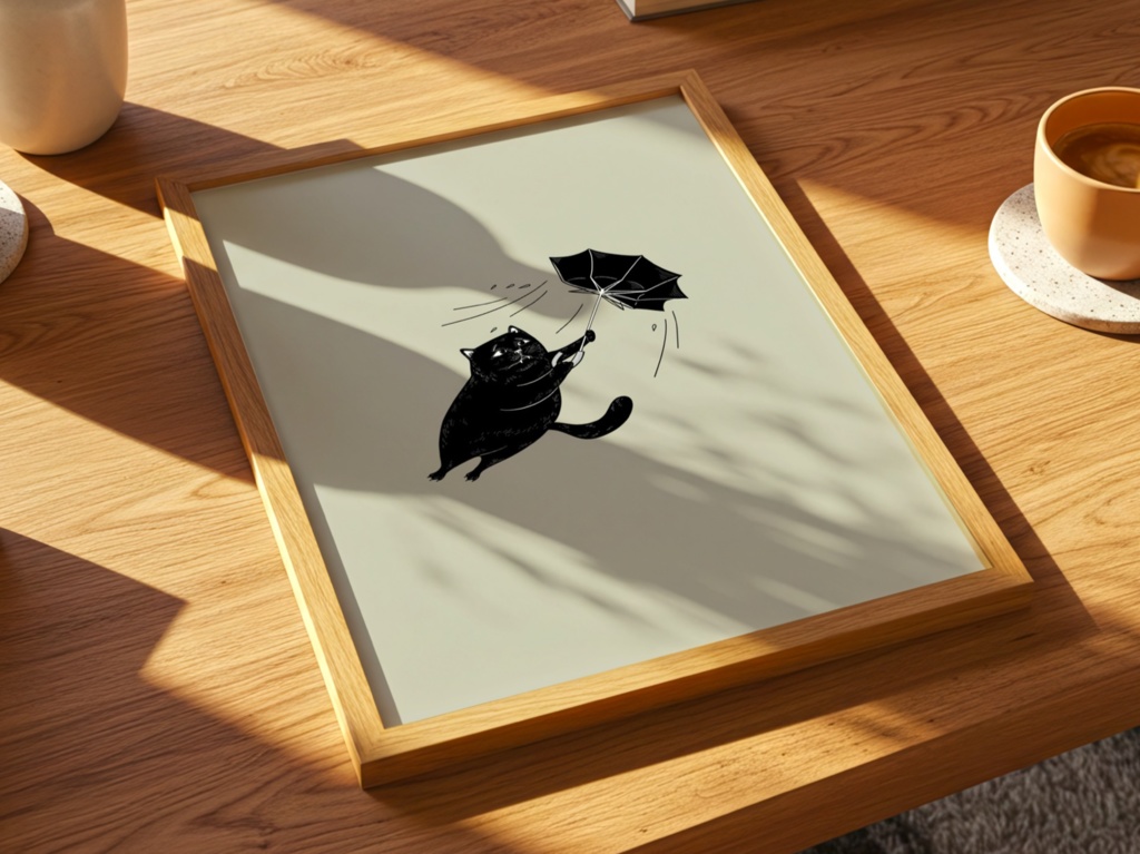 風に舞う黒猫 – Black Cat with Umbrella | Minimalist Japanese Wall Art Printable