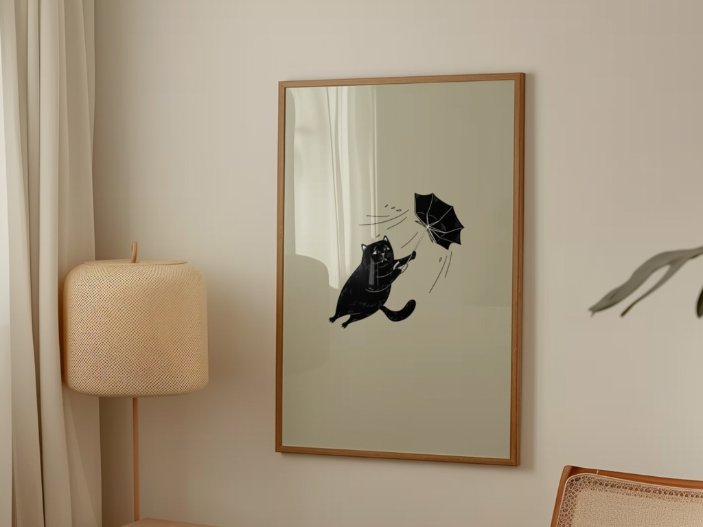 風に舞う黒猫 – Black Cat with Umbrella | Minimalist Japanese Wall Art Printable