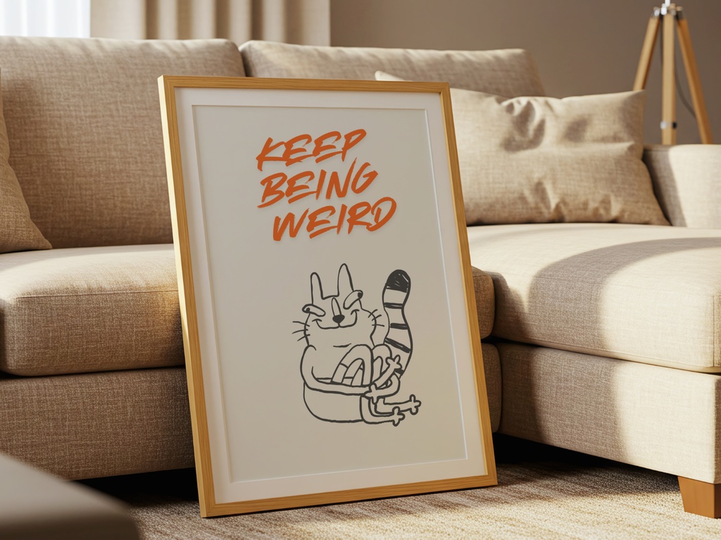 Keep Being Weird 猫イラスト|Minimal Cat Art Quote 北欧風 ウォールアート ポスター
