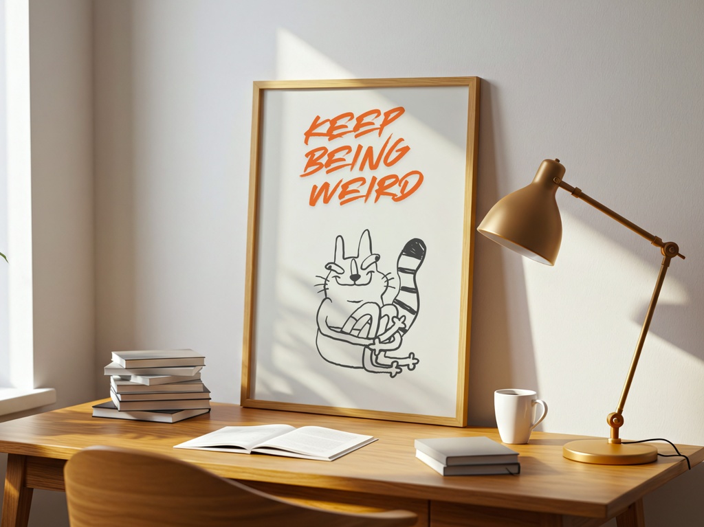 Keep Being Weird 猫イラスト|Minimal Cat Art Quote 北欧風 ウォールアート ポスター