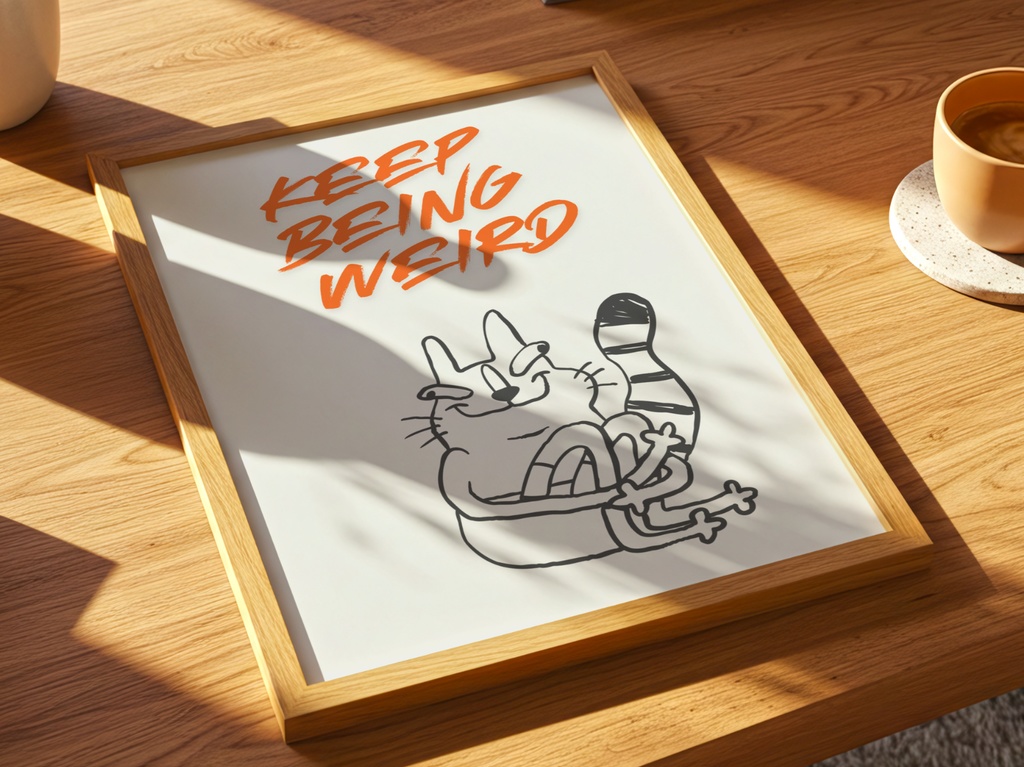 Keep Being Weird 猫イラスト|Minimal Cat Art Quote 北欧風 ウォールアート ポスター