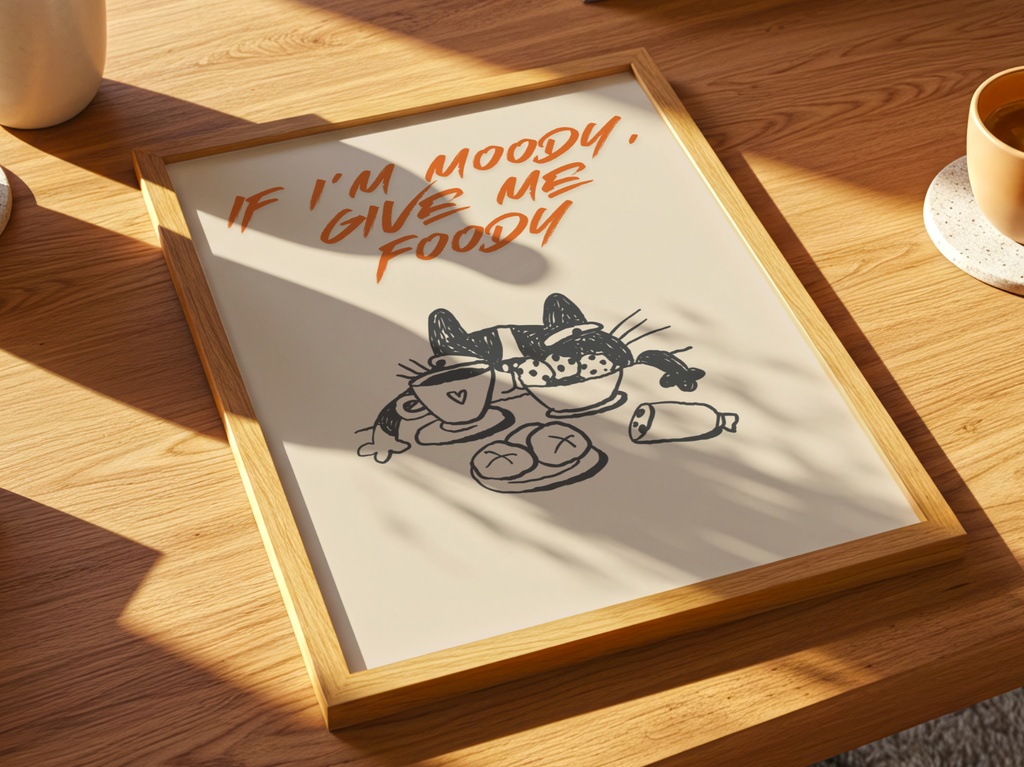 If I’m Moody, Give Me Foody 猫と食べ物|Cute Cat & Food Illustration 北欧風 ウォールアート
