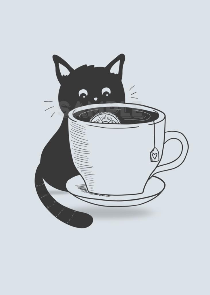 お茶と黒猫|シンプルでかわいいミニマル猫ウォールアート