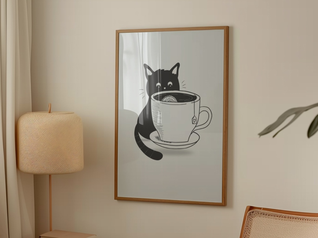 お茶と黒猫｜シンプルでかわいいミニマル猫ウォールアート