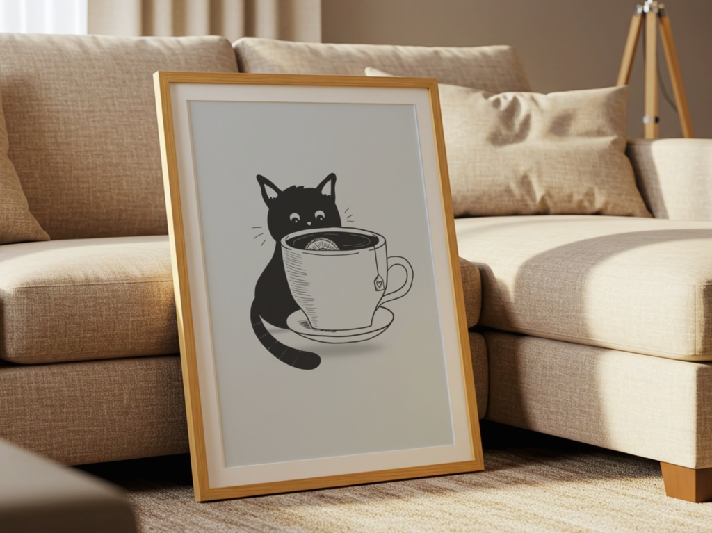 お茶と黒猫|シンプルでかわいいミニマル猫ウォールアート