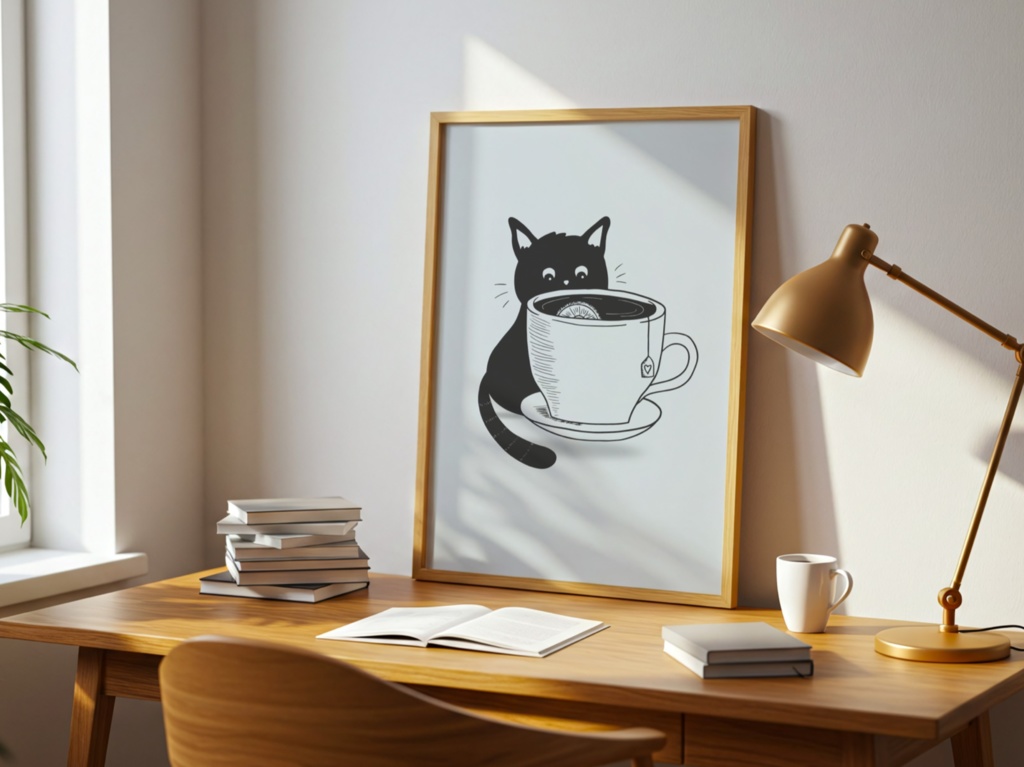 お茶と黒猫|シンプルでかわいいミニマル猫ウォールアート