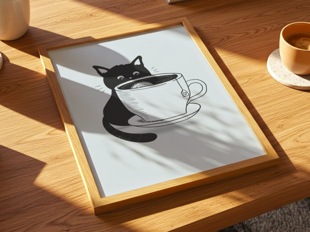お茶と黒猫|シンプルでかわいいミニマル猫ウォールアート