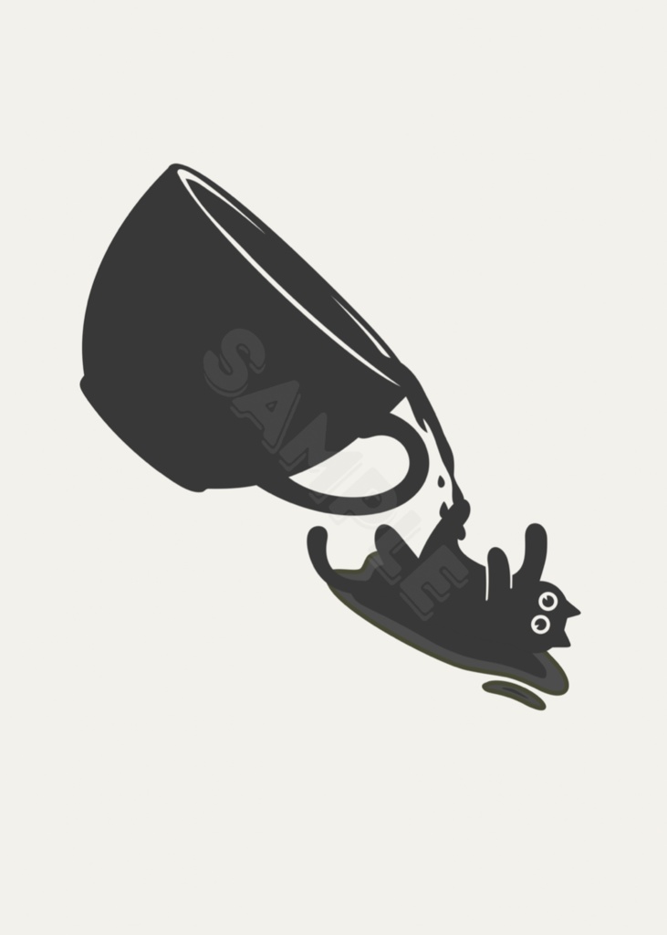 黒猫 イラスト|コップから落ちる猫のミニマルウォールアート
