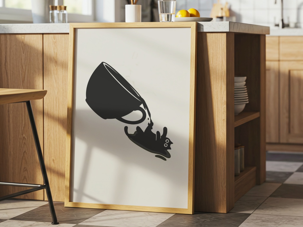 黒猫 イラスト｜コップから落ちる猫のミニマルウォールアート