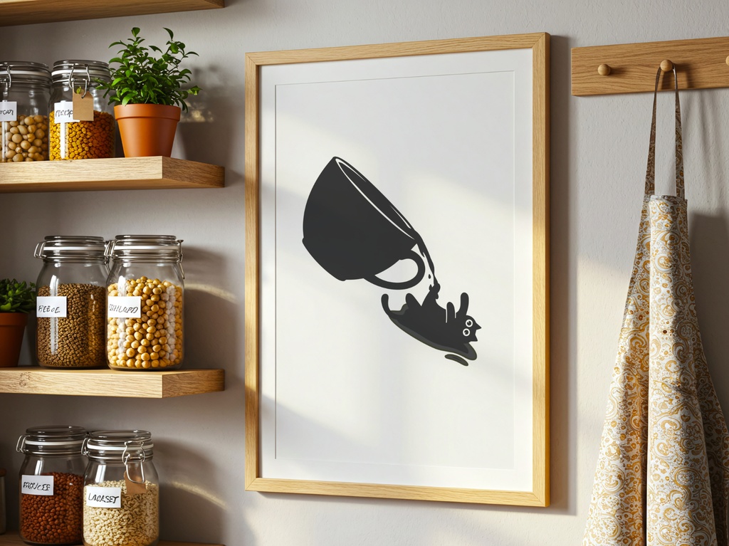 黒猫 イラスト|コップから落ちる猫のミニマルウォールアート