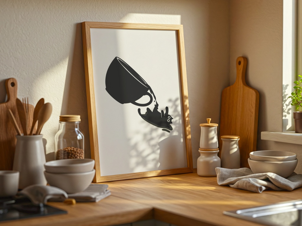 黒猫 イラスト|コップから落ちる猫のミニマルウォールアート