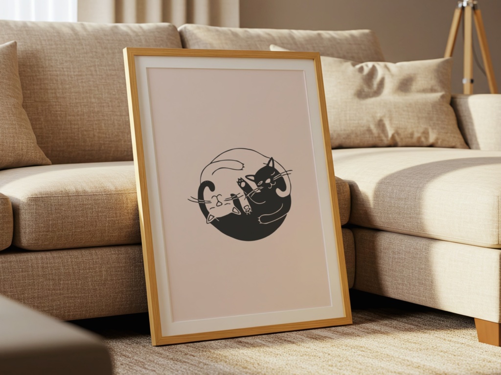 猫 イラスト|ミニマル 陰陽 猫アート ポスター(デジタル)