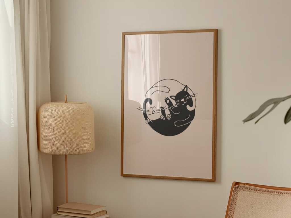 猫 イラスト|ミニマル 陰陽 猫アート ポスター(デジタル)