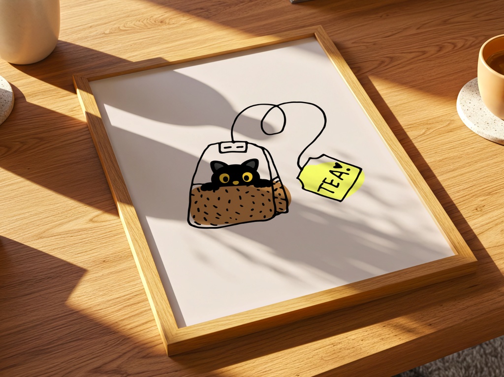 Tea Time Cat|猫 イラスト ティーバッグ 黒猫 ミニマル アート ポスター(デジタル)