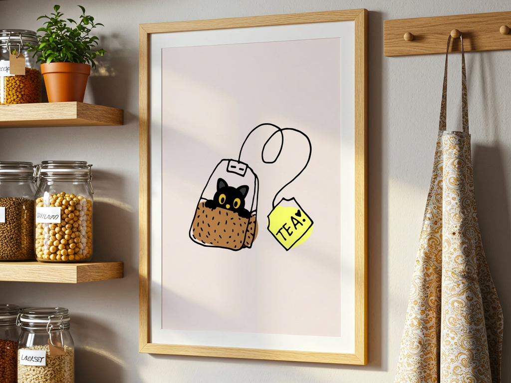 Tea Time Cat|猫 イラスト ティーバッグ 黒猫 ミニマル アート ポスター(デジタル)