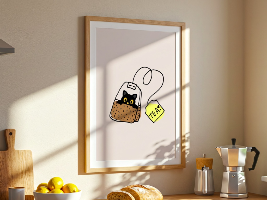 Tea Time Cat|猫 イラスト ティーバッグ 黒猫 ミニマル アート ポスター(デジタル)