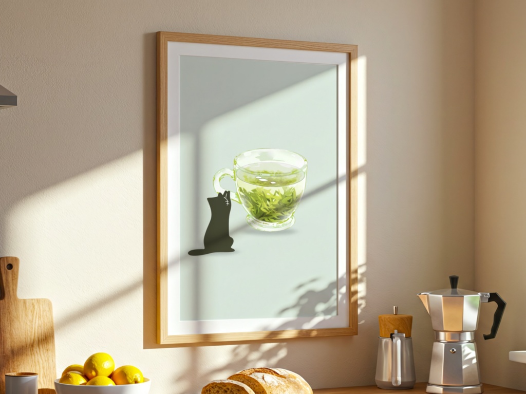 Green Tea Cat|猫 イラスト 緑茶 黒猫 ミニマル アート ポスター(デジタル)