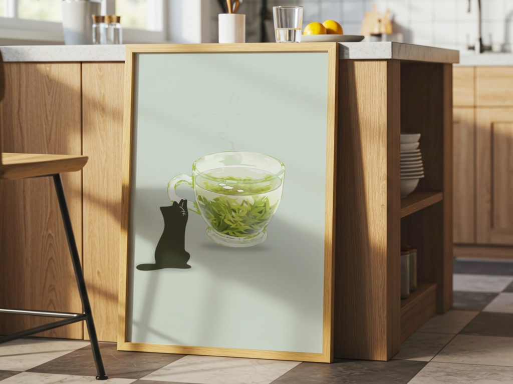 Green Tea Cat｜猫 イラスト 緑茶 黒猫 ミニマル アート ポスター（デジタル）