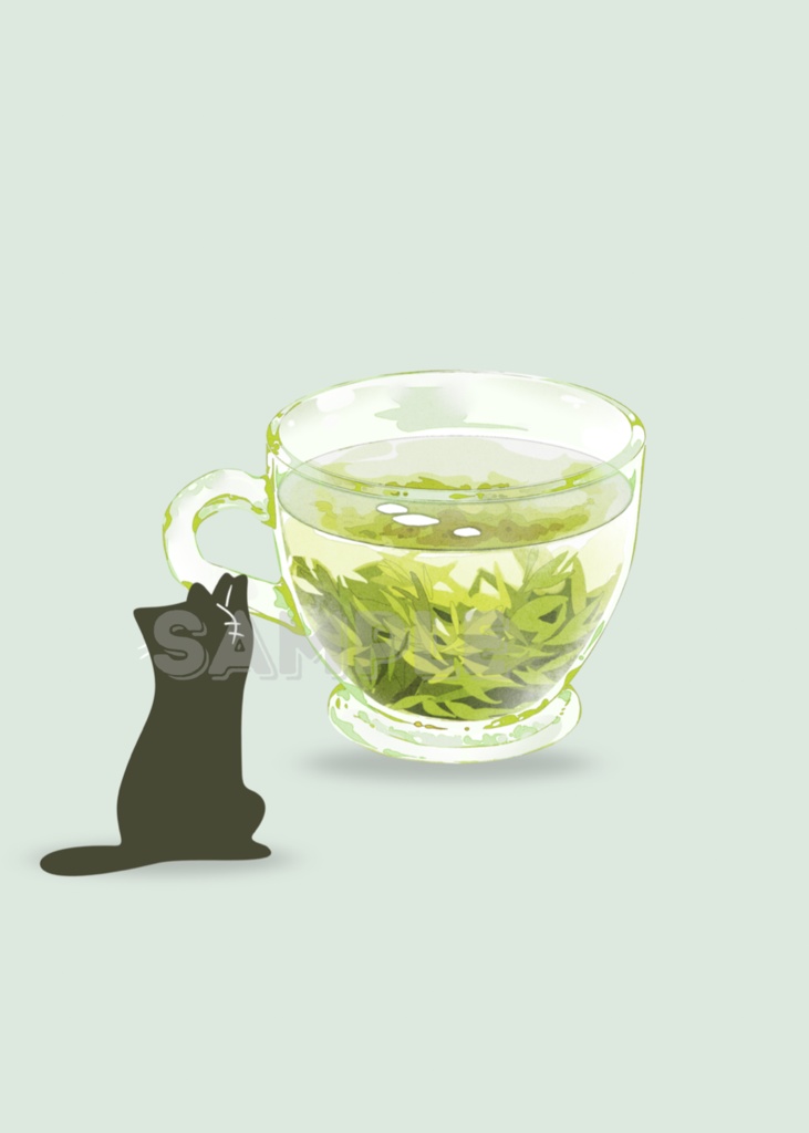 Green Tea Cat|猫 イラスト 緑茶 黒猫 ミニマル アート ポスター(デジタル)